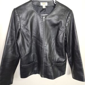 Talbots Black Leather Jacket with Contrast Stitching